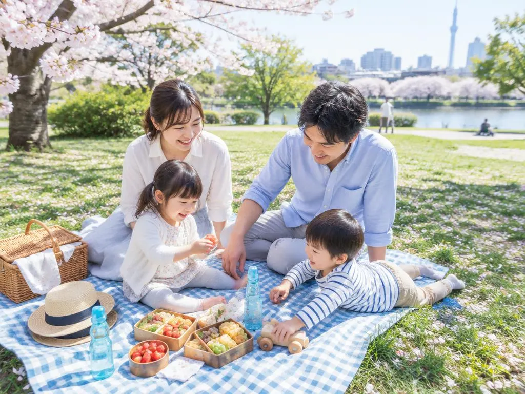 桜の公園でピクニックを楽しむ家族